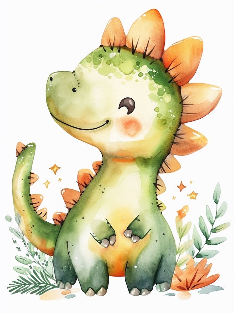 Cute Cartoon Stegosaurus Dinosaur Watercolour 2