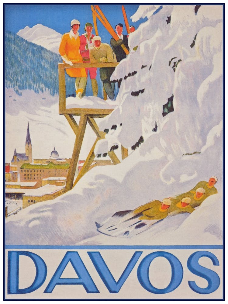 Davos Switzerland Vintage Ski Poster, Winter Wall Art