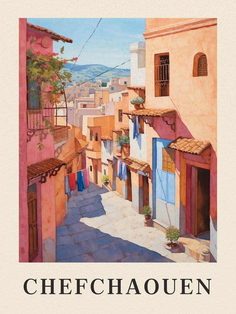 Chefchaouen Marokko 1 Vintage Rosa Reiseillustration Poster