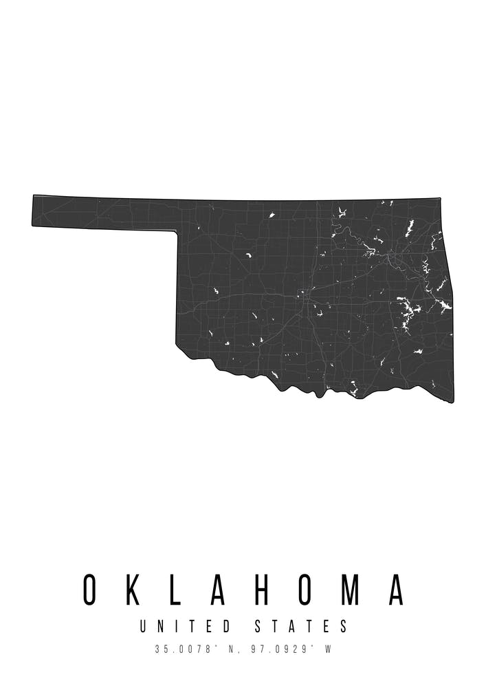 Oklahoma Mono Black And White Modern Minimal Street Map