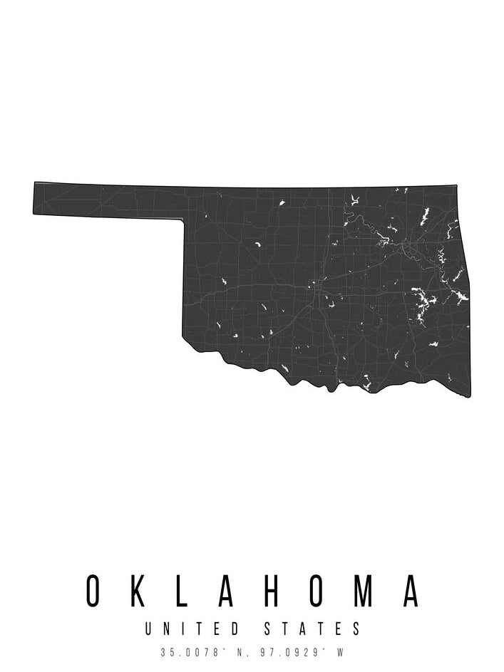 Oklahoma Mono Black And White Modern Minimal Street Map