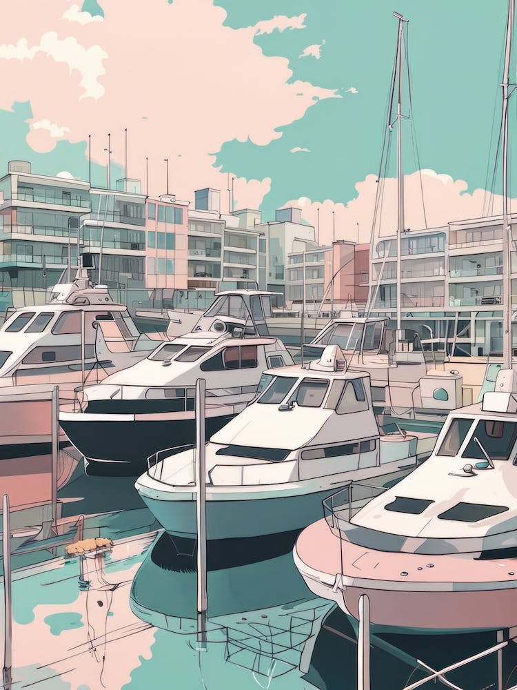 Brighton Marina Moored Boats Studio Ghibli Style Pink Blue High Contrast