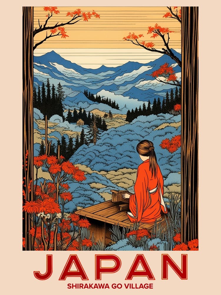 Shirakawa Go Village, Visit Japan Vintage Travel Art 3