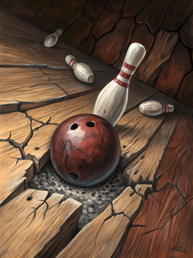 A Bowling Ball Piercing Through Wooden Lanes Oil Painting Style