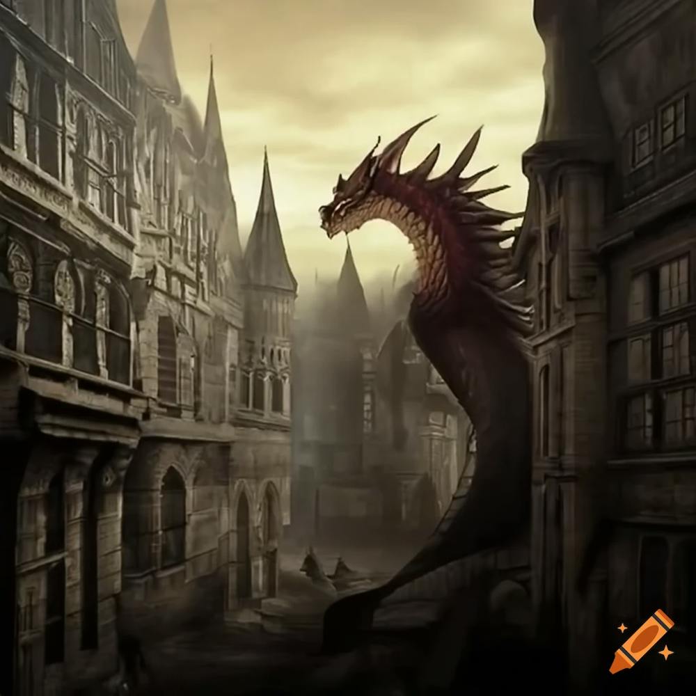 Craiyon 114853 Dragon Looming Over Medieval Fantasy City