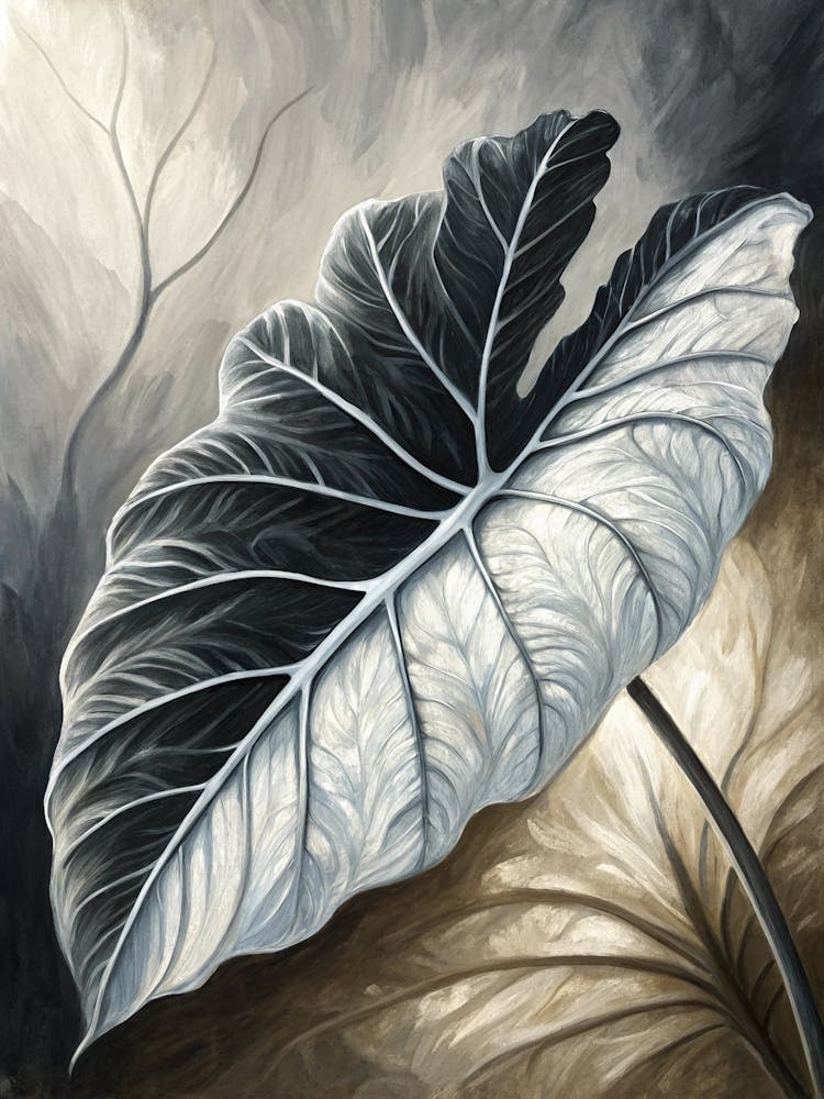 Oil Painting Style Elegant Black And White Leaf