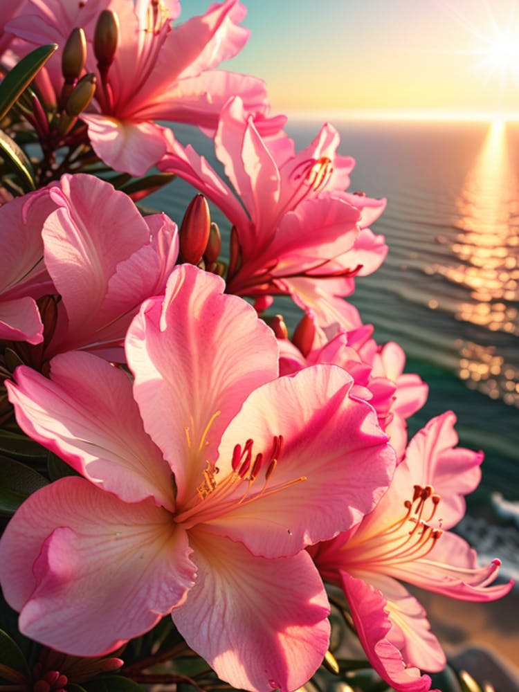 Pink Azalea Flowers At Sunrise