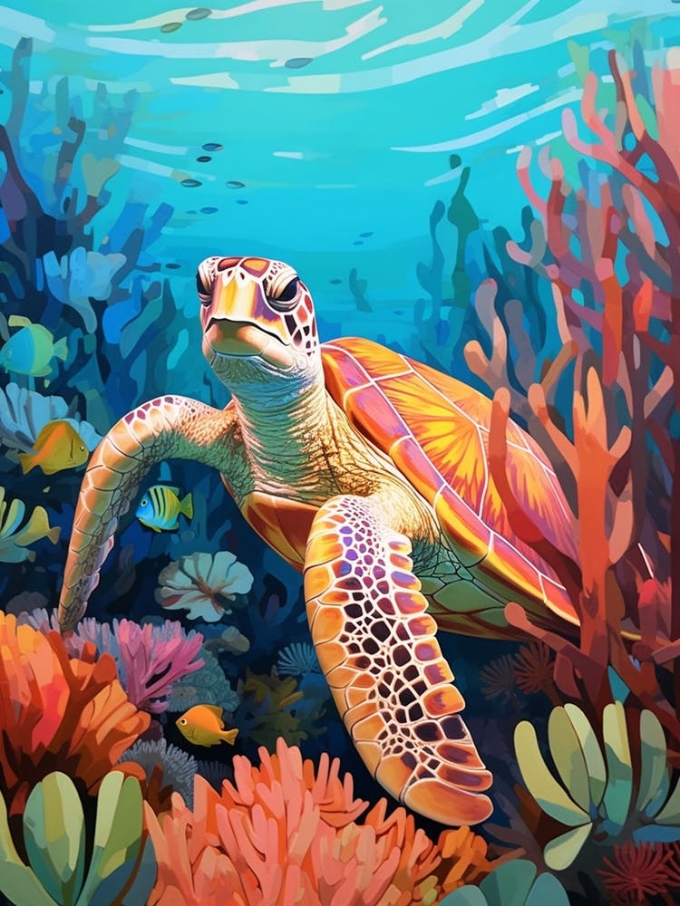 Turtle Swimming Behind The Coral