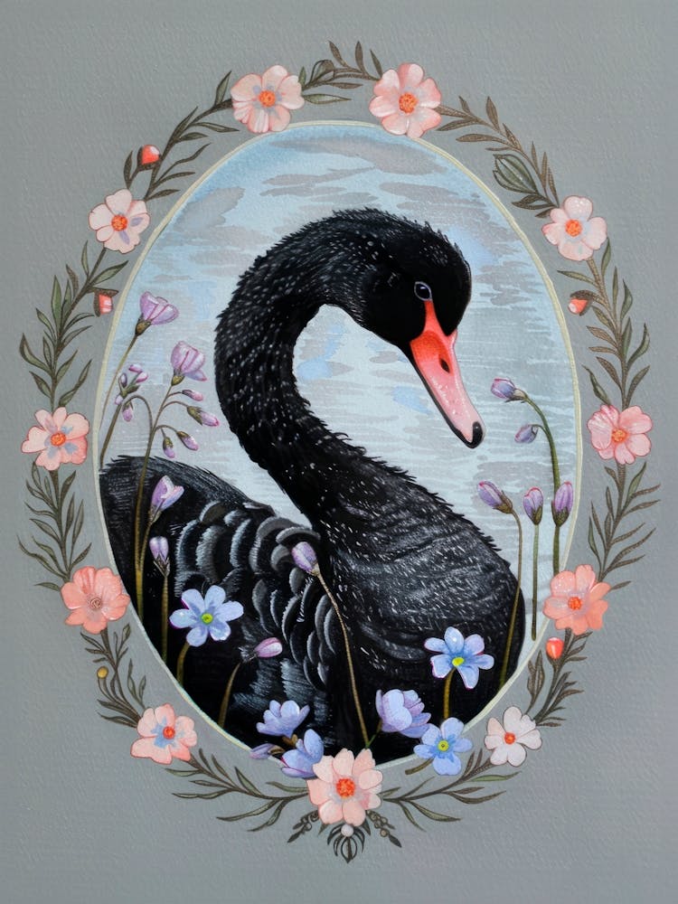 Black Swan with Floral Frame. Nursery Illustration, Kids Room
