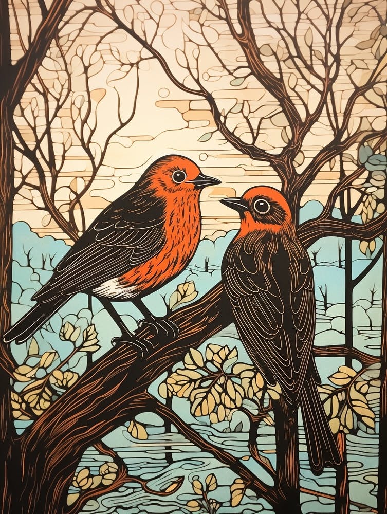 Art Nouveau Birds Poster European Robin 2