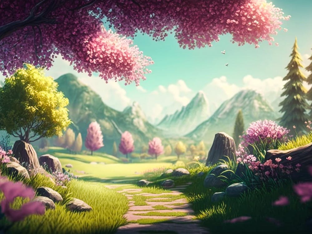 Landscape With Trees And Flowers