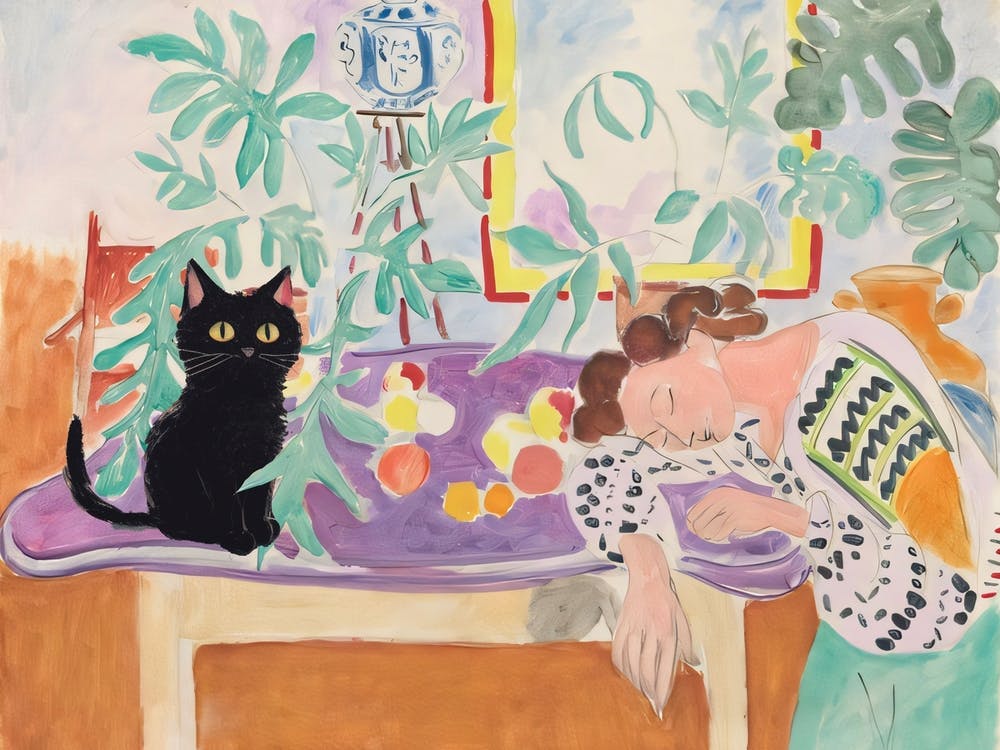 Still Life With Sleeping Woman And Black Cat By Henri Matisse  Inspired Poster