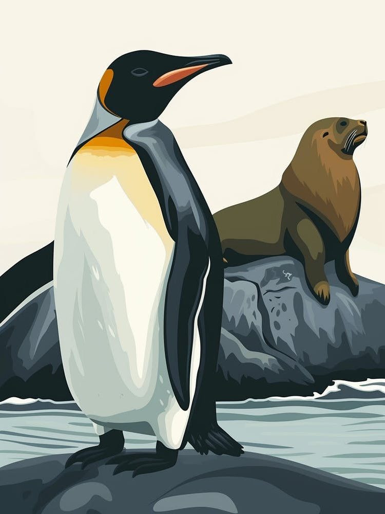 King Penguin Sea Lion Island Minimalist Illustration 4