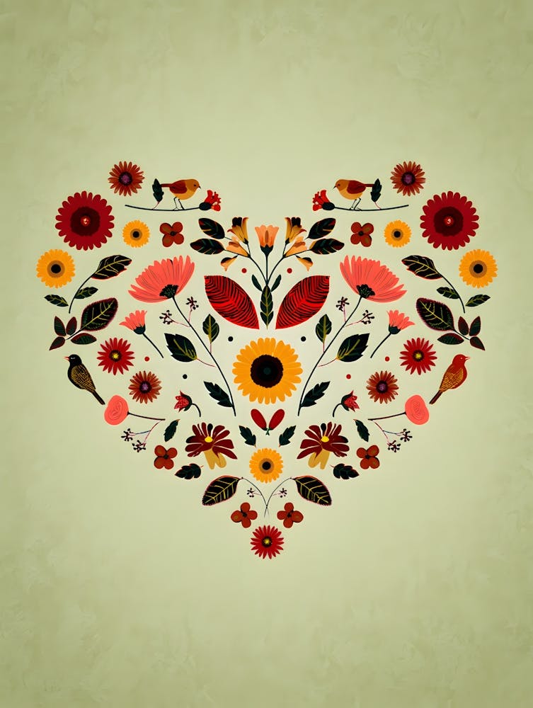Heart-Shaped Floral Pattern: Vibrant Autumnal Design with Birds and Flowers