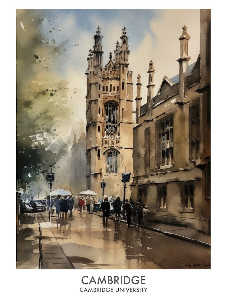 Cambridge University 2 Watercolor Travel Poster
