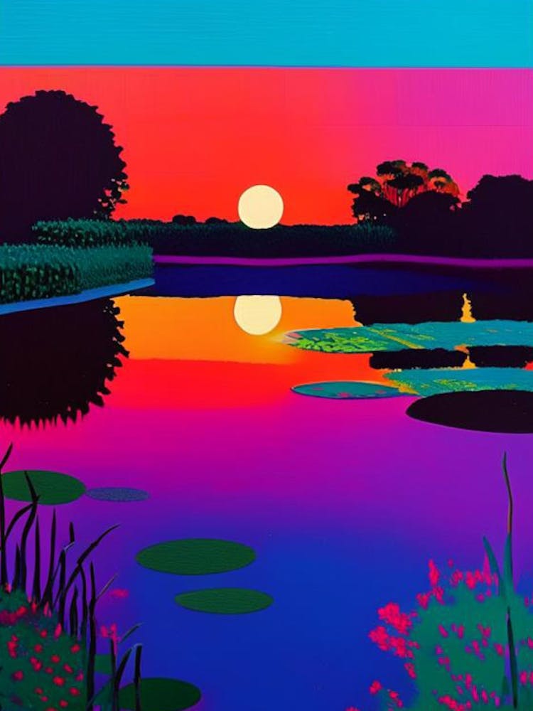 Sunset Over Pond Waterscape Colourful Pop Art 1