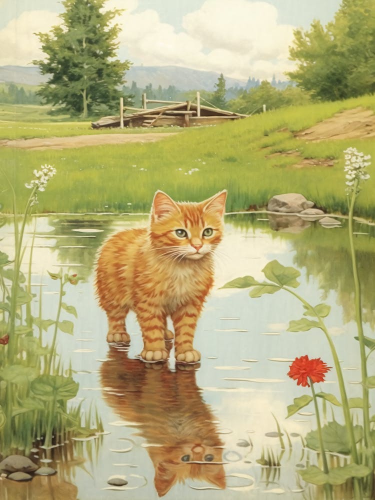 Orange Cat In A Pond