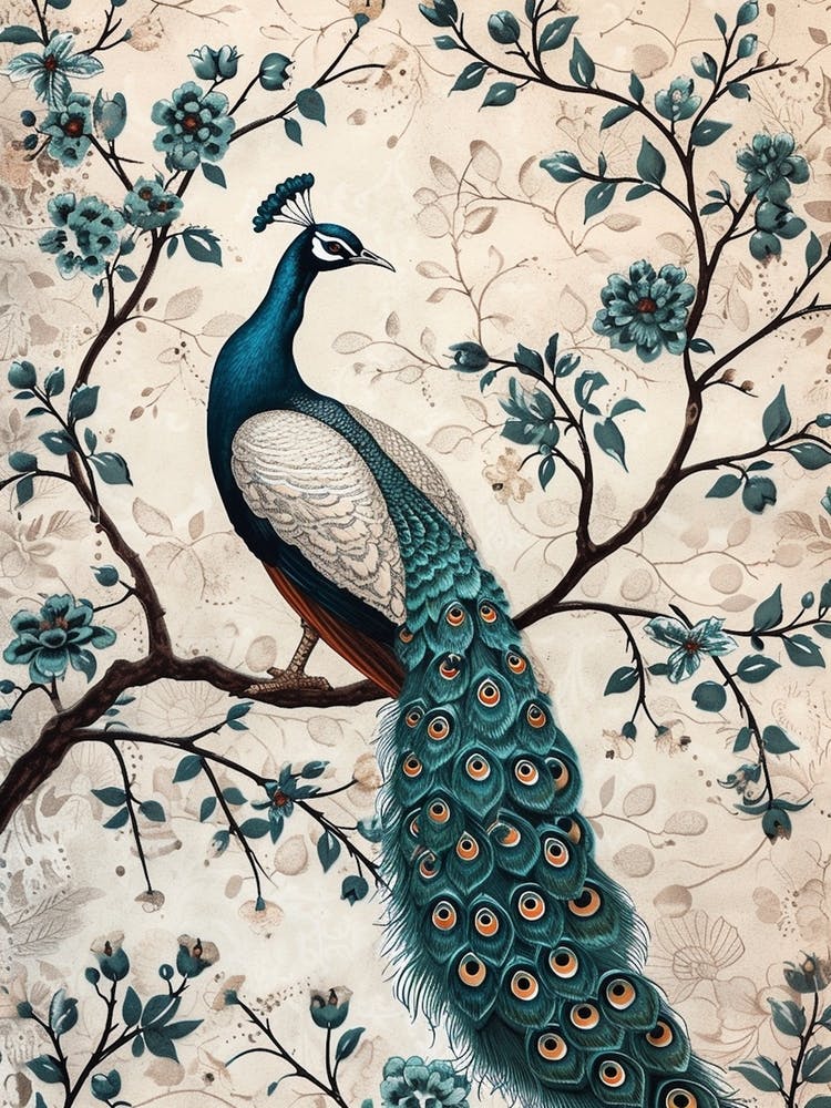 Cream Peacock Vintage Wallpaper 1