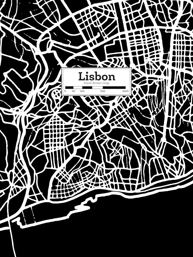 Lisbon City Map, Portugal — Hand-drawn map, vector black map