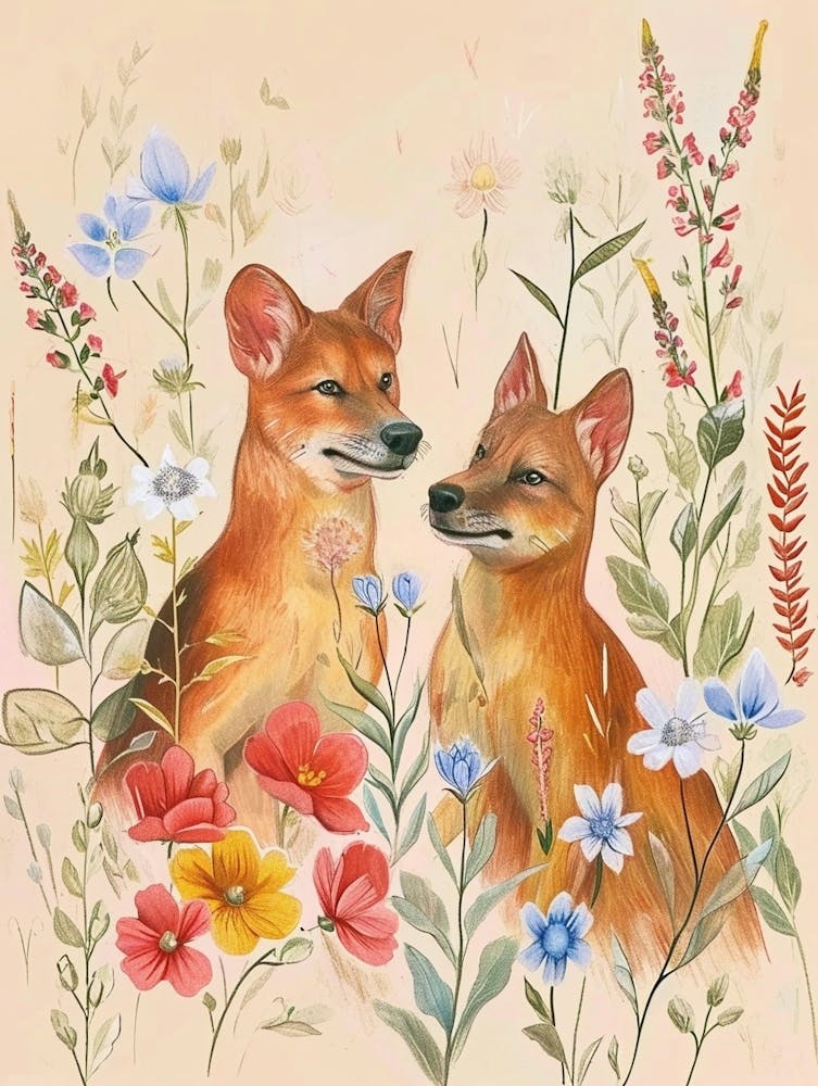 Folksy Floral Animal Drawing Dingo