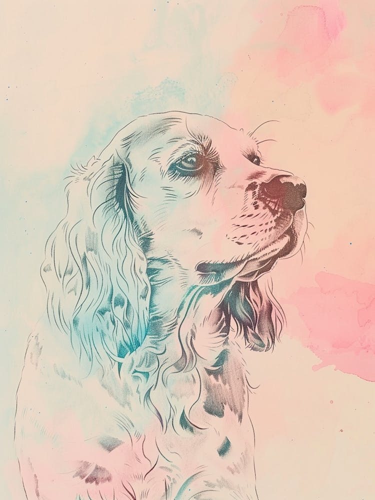 Pastel Clumber Spaniel Dog Pastel Line Illustration  4