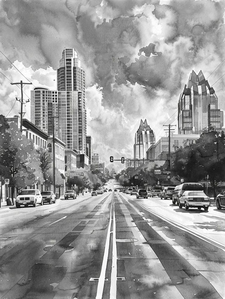 South Congress Avenue Austin Texas Black And White Watercolour 4