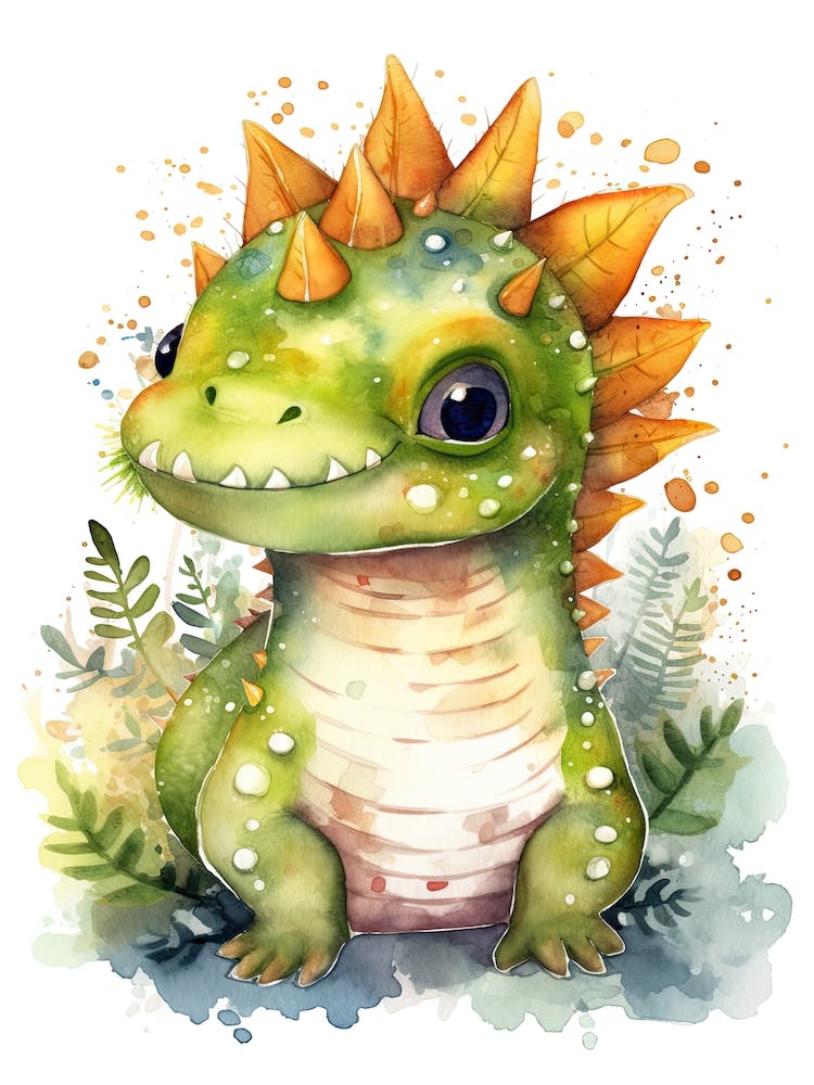 Tsintaosaurus Cute Dinosaur Watercolour 4