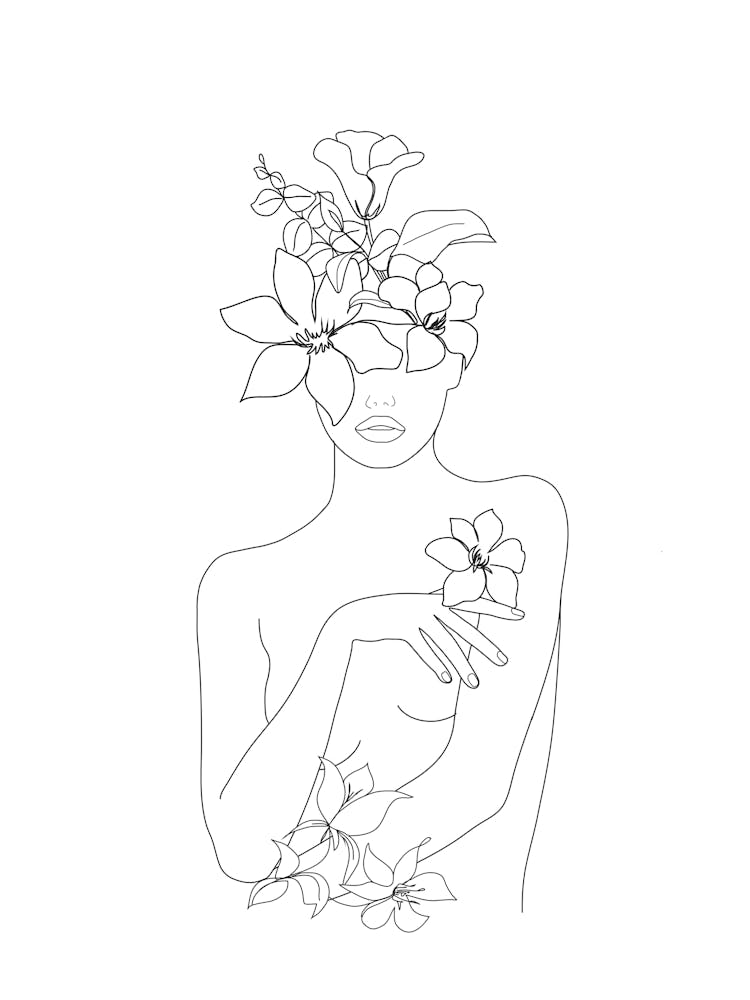 Minimal Line Art Woman with Flowers IV