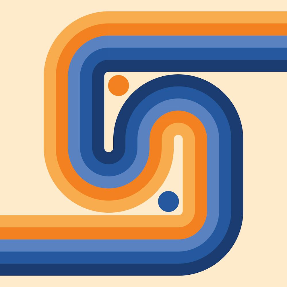 Geometric Rainbow Midcentury Modern Pattern Navy Blue and Burnt Orange 1