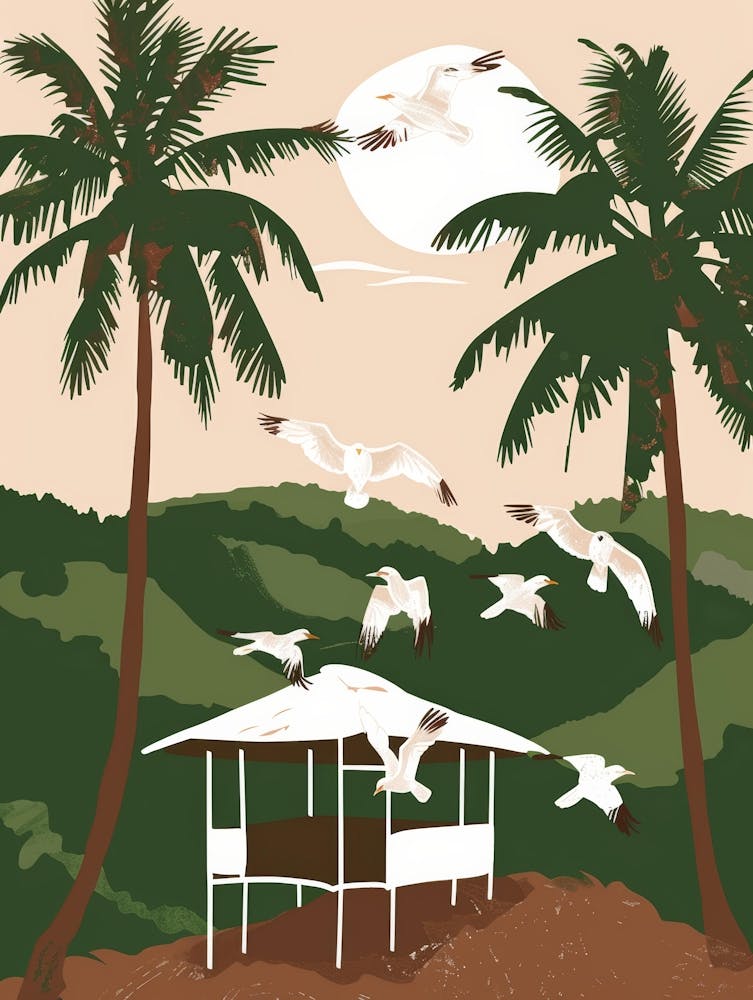 Seagulls Flying Over Palm Trees