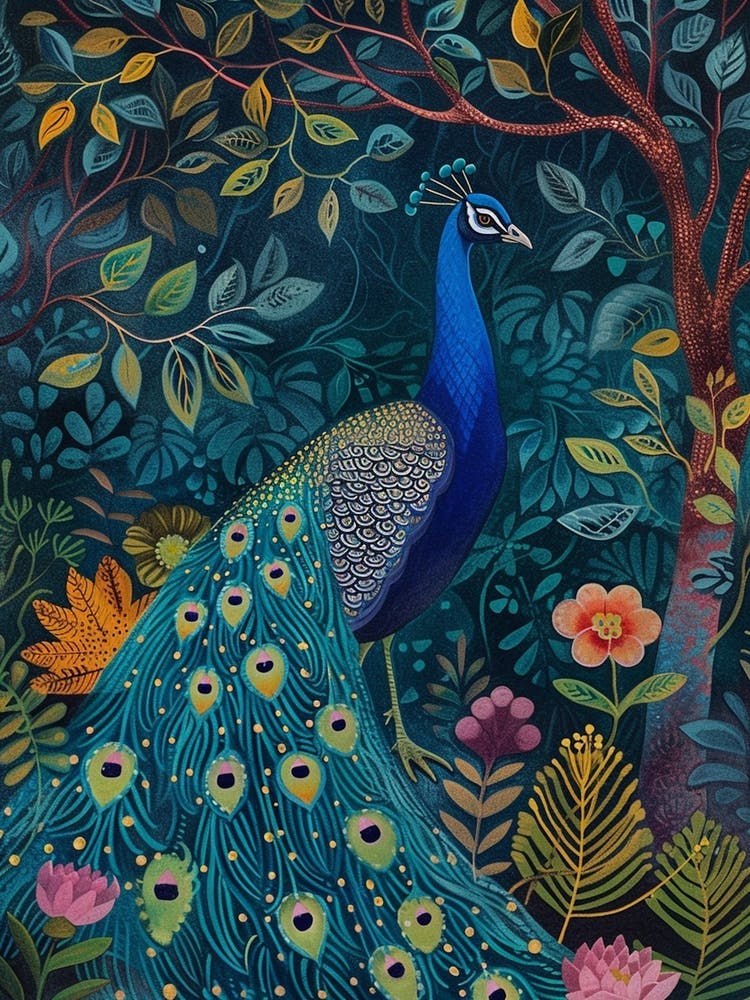 Folky Floral Peacock At Night 1