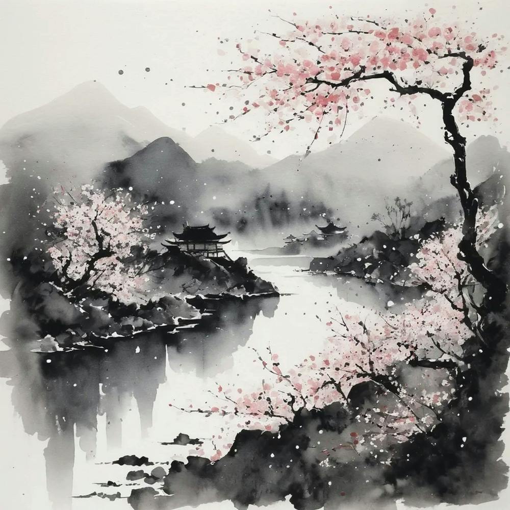 Asian Cherry Blossoms Watercolor Painting