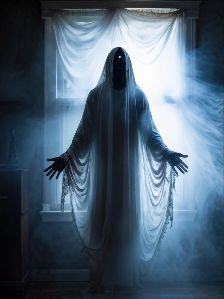Ghostly Apparition Shrouded In Ethereal Veil Representing Religious Blindness Man Trapped In A Curt (2)