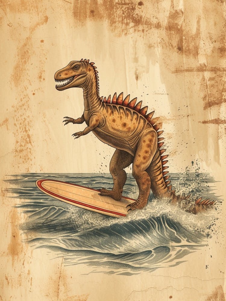 Vintage Spinosaurus Dinosaur On A Surf Board 3