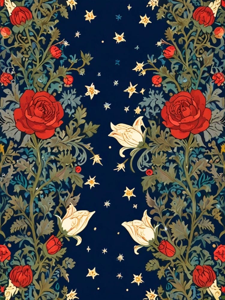 William Morris Red Roses On A Blue Background 1