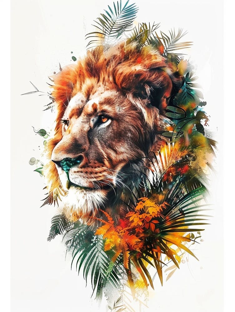 Double Exposure Realistic Lion With Jungle 16
