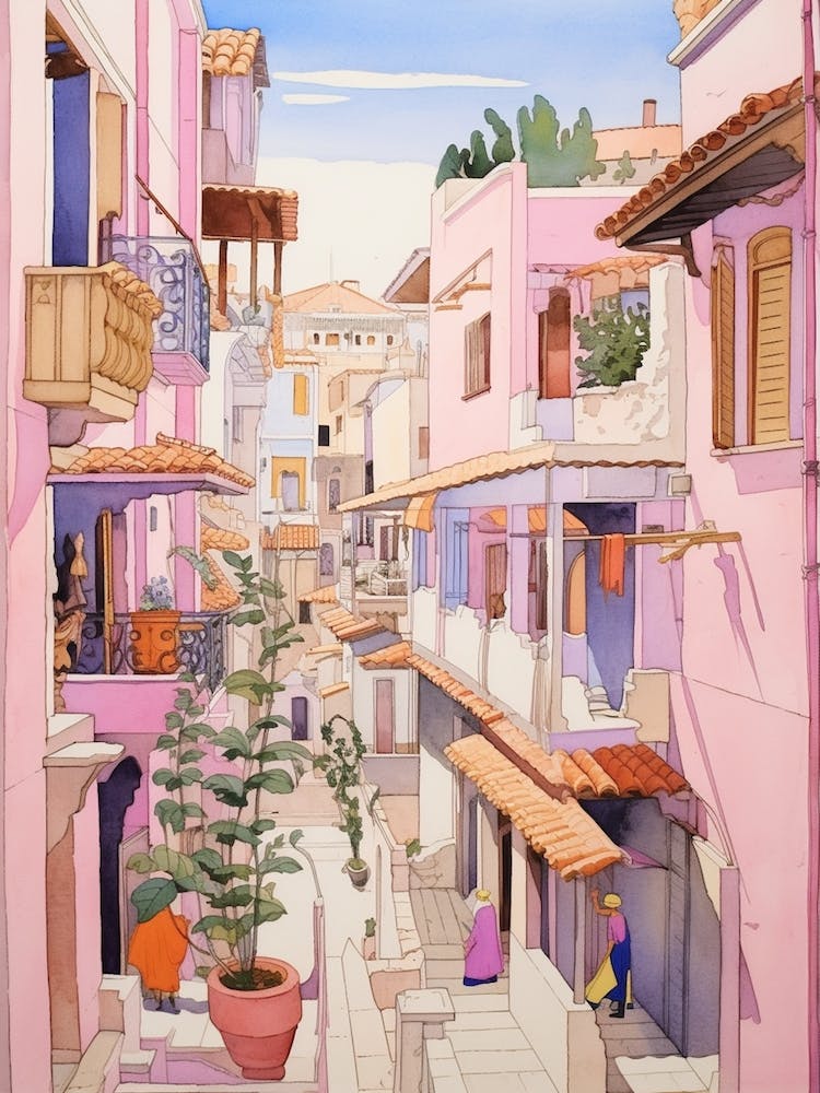 Kusadasi Turkey 2 Vintage Pink Travel Illustration