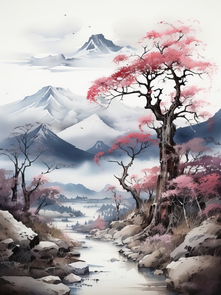 The Japanese Alps In Multiple Prefectures, Japanese Brush Painting, Ukiyo E, Minimal 3