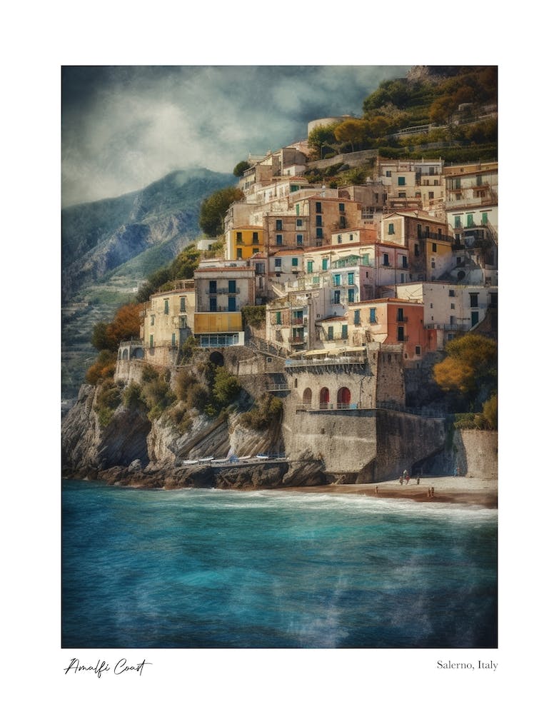 Amalfi Coast, Salerno Italy Pencil Drawing Style 6