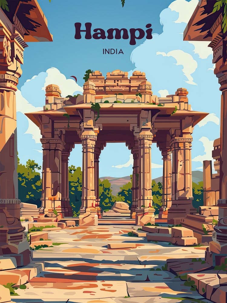 Hampi India Hosapete Digital Travel Illustration