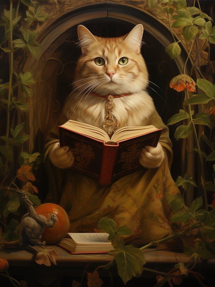 Medieval Cat Reading A Book Romantesque Style
