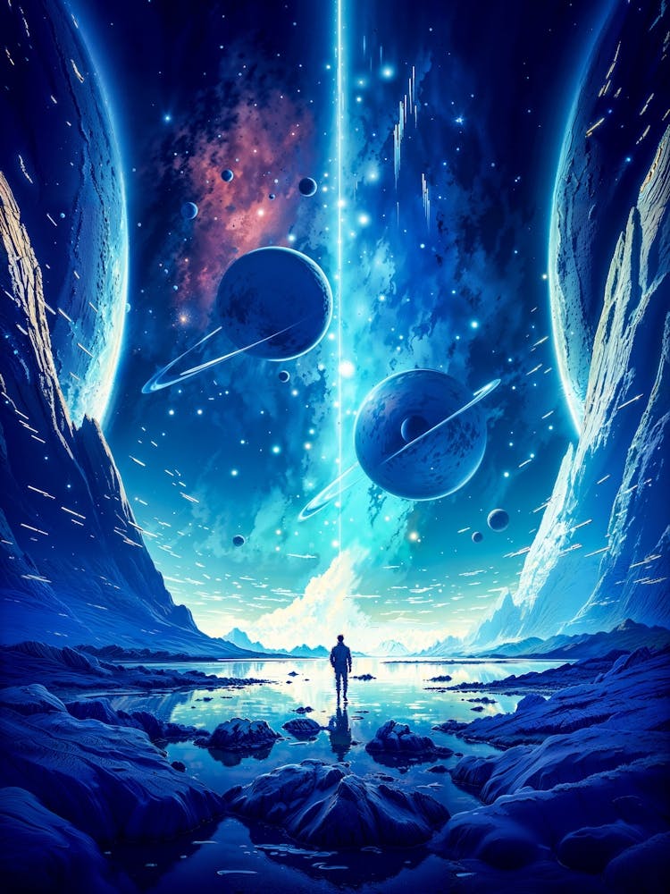 Lost in wonder, the astronaut gazes into the boundless blue galaxy, where planets and stars dance in endless cosmic harmony.