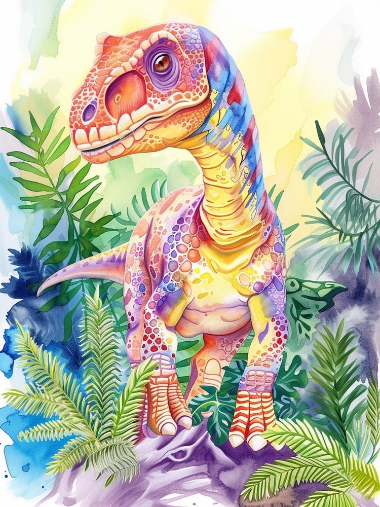 Rainbow Dinosaur Watercolour In The Foliage