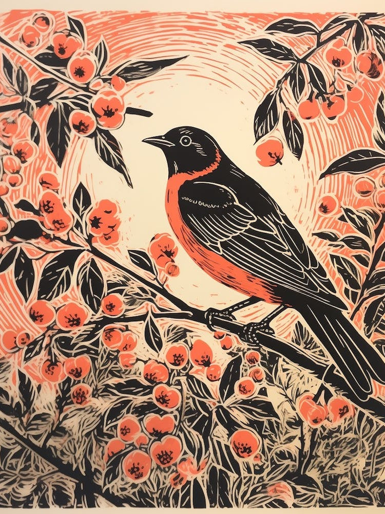 Birds And Branches Linocut Style 5
