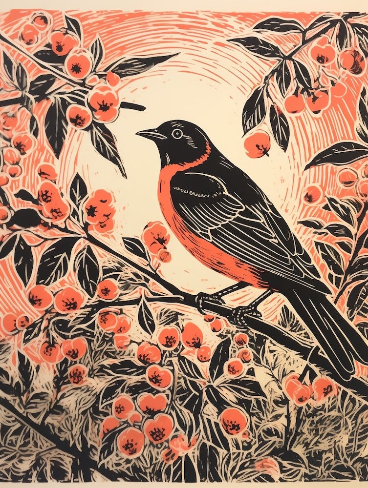 Birds And Branches Linocut Style 5