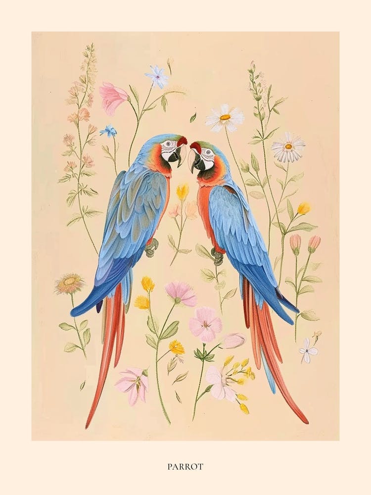 Folksy Floral Animal Drawing Parrot 4 Poster