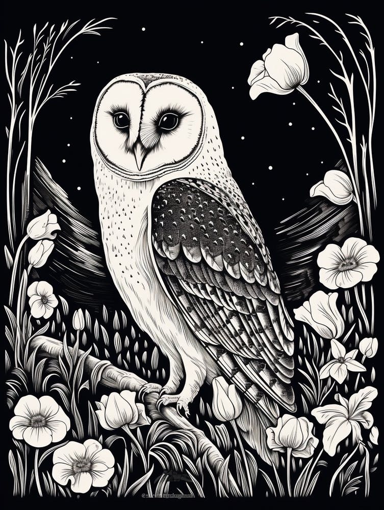 B&W Bird Linocut Barn Owl 3