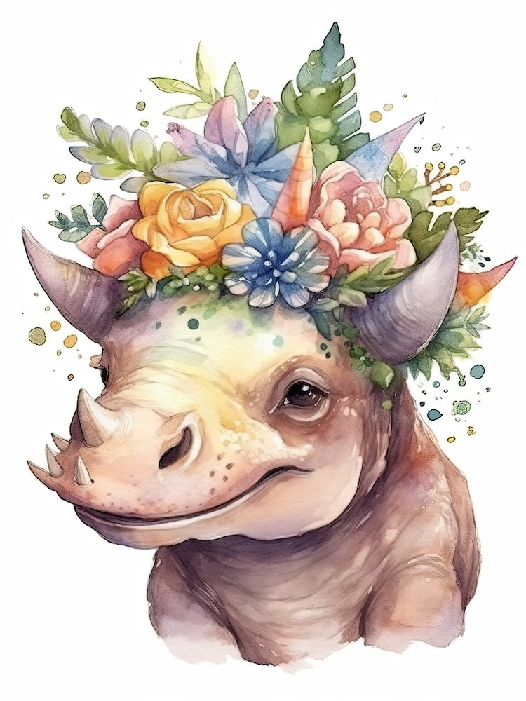 Triceratops With A Crown Of Flowers Cute Dinosaur Watercolour 3