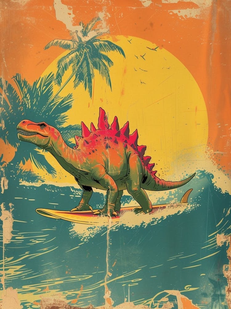 Vintage Stegosaurus Dinosaur On A Surf Board 1