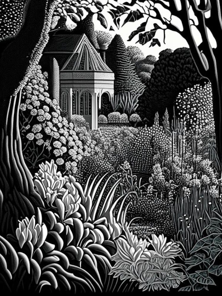 Giverny Gardens, 1, France Linocut Black And White Vintage
